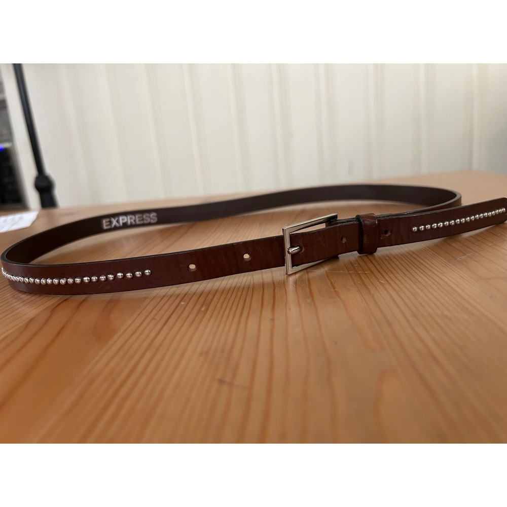 Express Womens Small Brown Y2K Italian Leather Studded Skinny Belt Silver Buckle